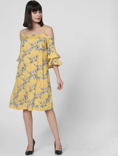 Yellow Floral Cold-Shoulder Dress