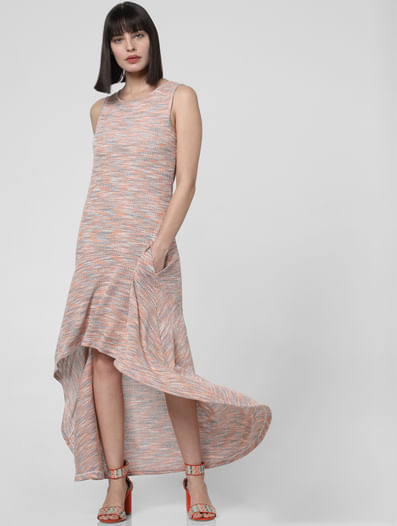 Beige Textured Asymmetric Maxi Dress