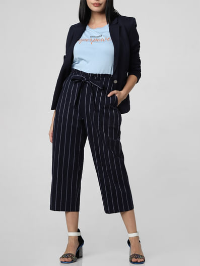 Navy Blue Mid Rise Paperbag Waist Culottes