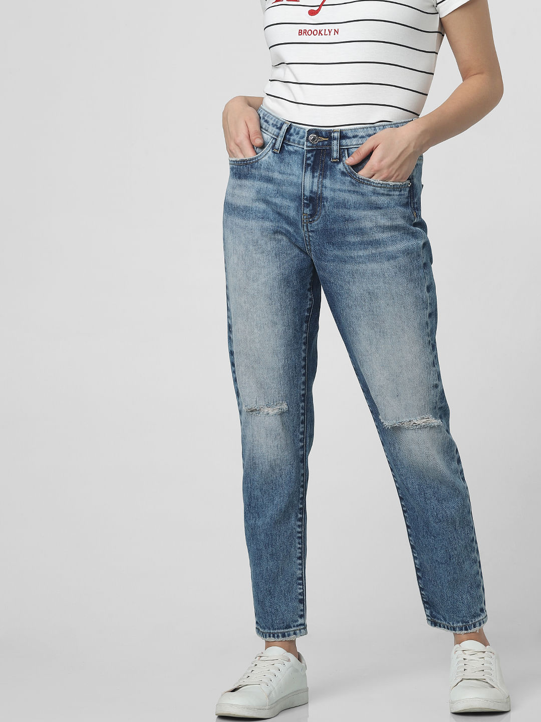 mid rise distressed girlfriend jeans