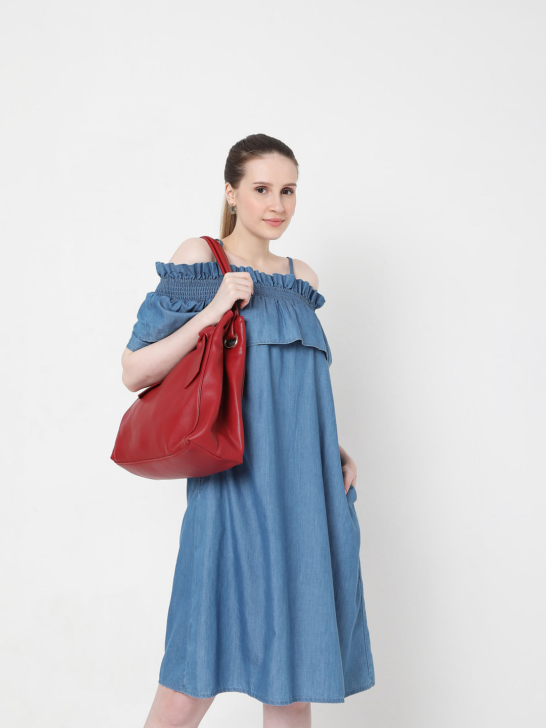 Blue Half Sleeve Maxi Denim Dress