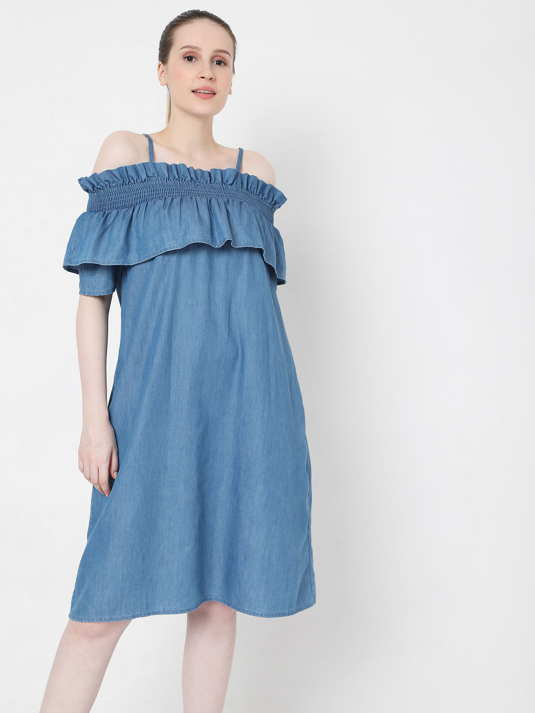 shoulderless denim dress