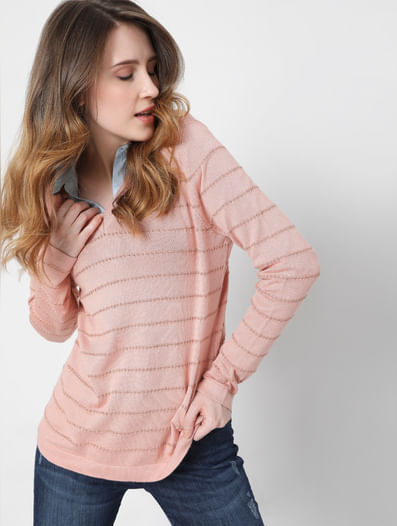 Pink Textured Striped Pullover 