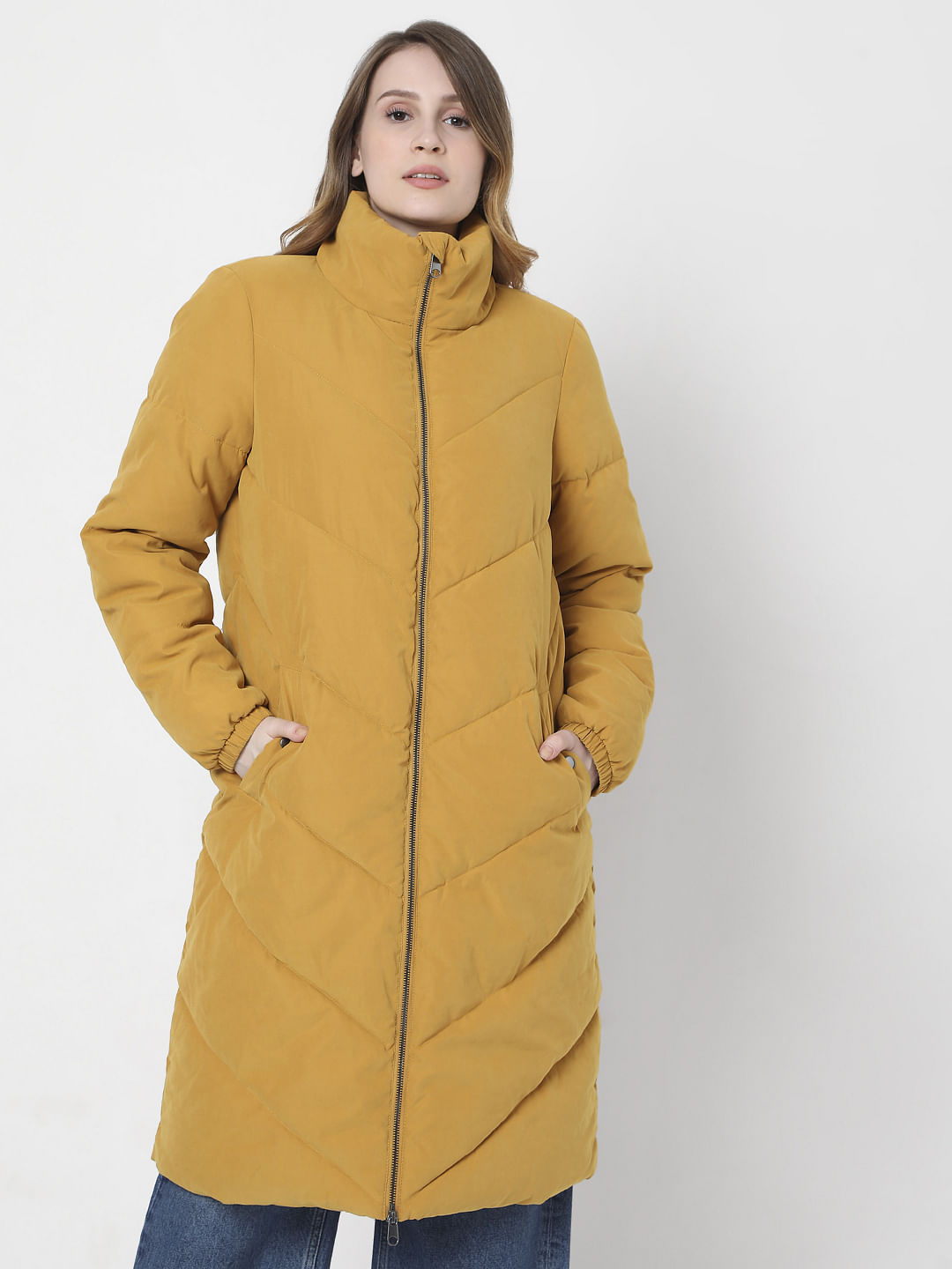 mustard long padded coat