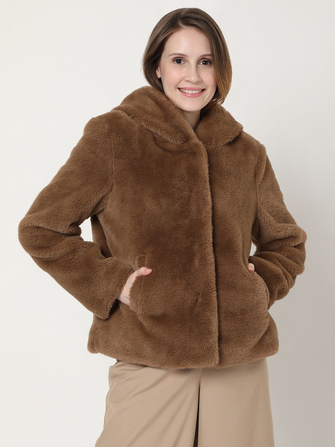 brown faux fur coat long