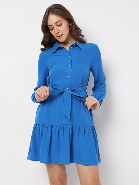 Blue Tiered Mini Shirt Dress