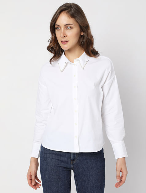 White Embellished Collar Shirt