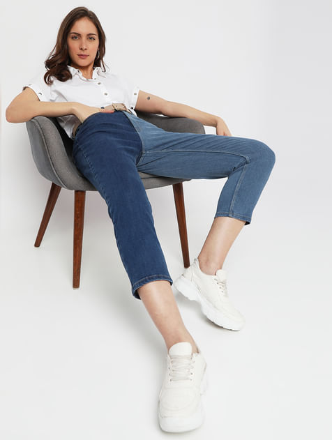 Blue High Rise Colourblocked Mom Fit Jeans
