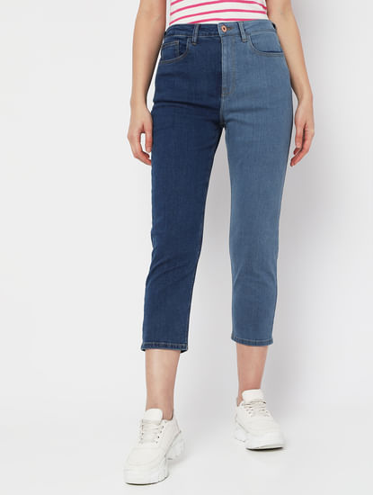 Blue High Rise Colourblocked Mom Fit Jeans