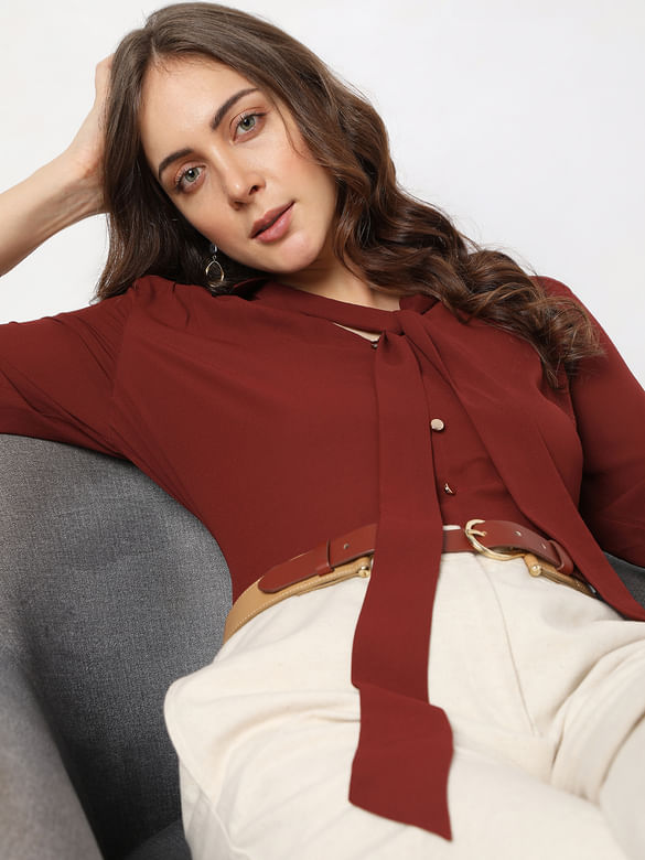 Brick Red Front Tie-up Shirt