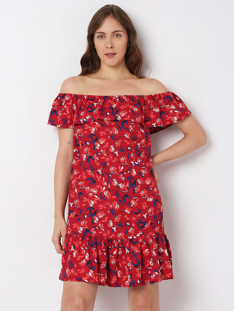 Red Floral Off-Shoulder Dress