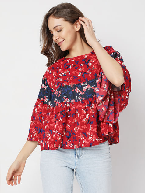 Red Floral Loose Tiered Top