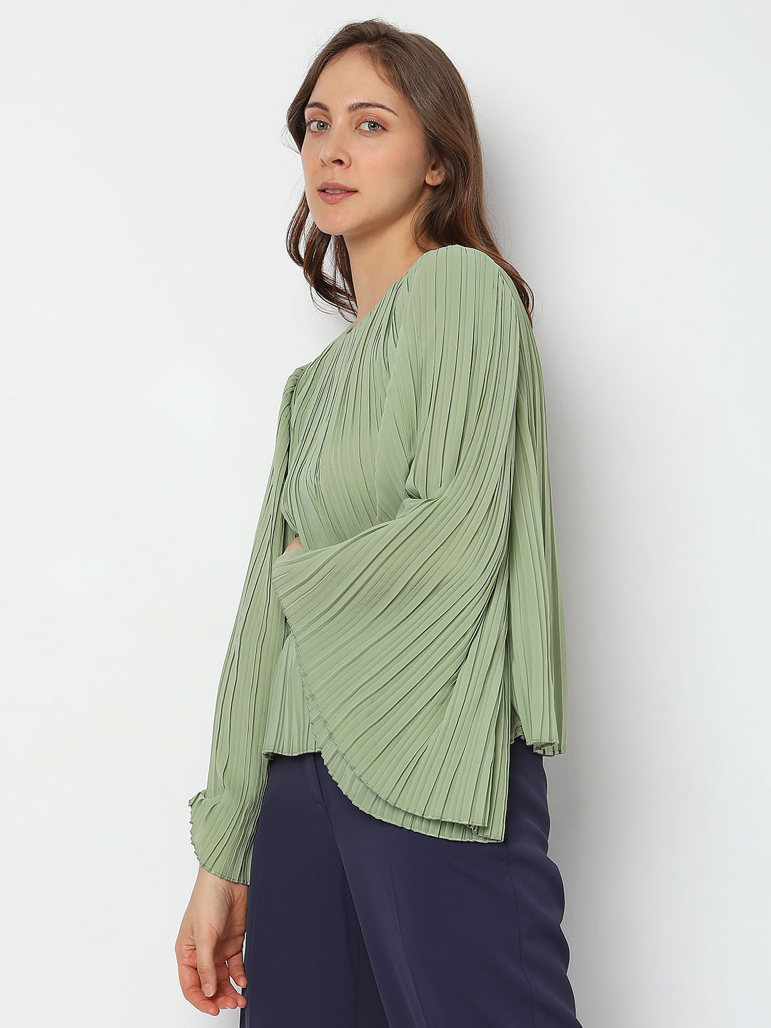 Green Pleated Flared Sleeves Top