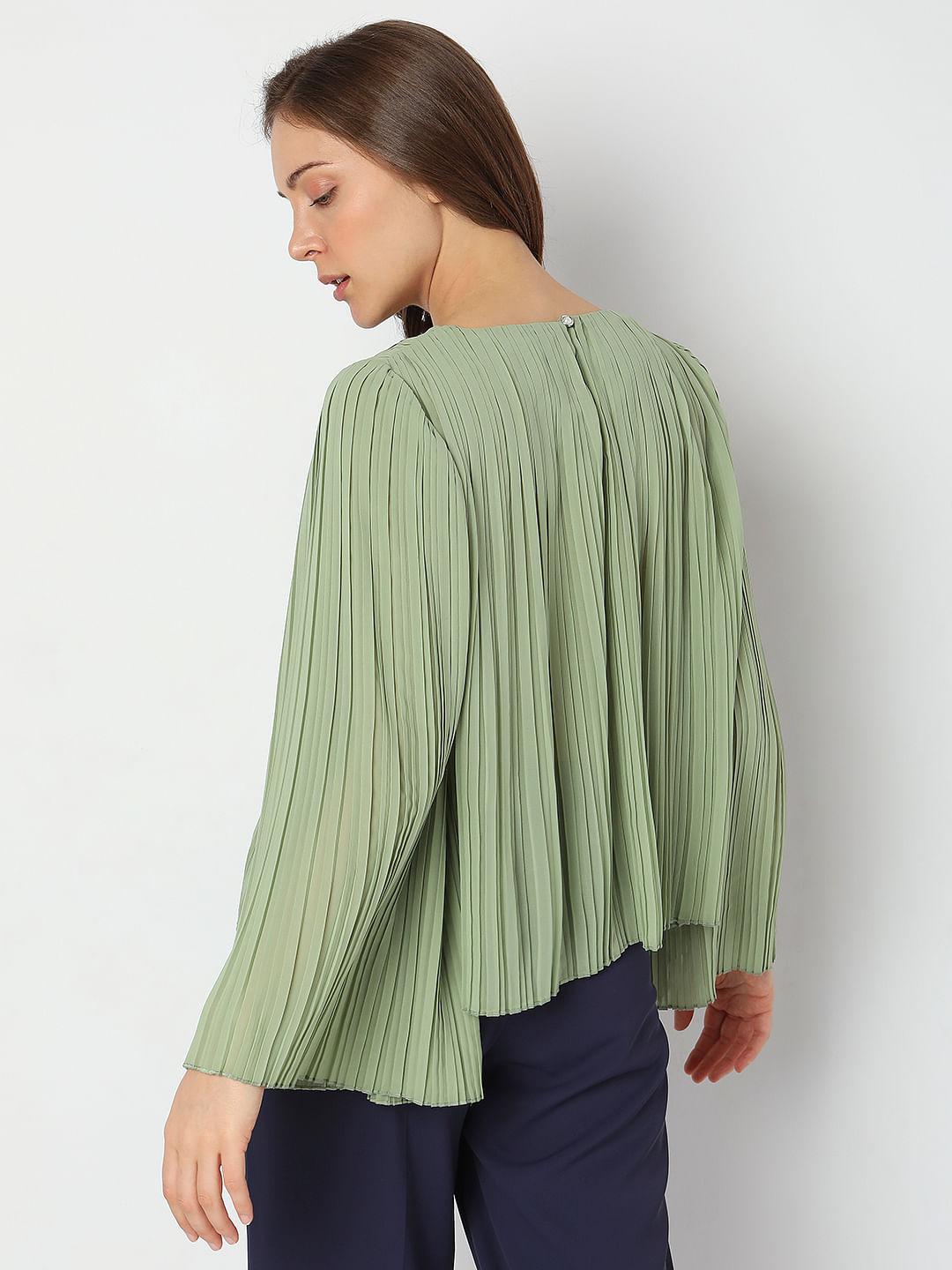 Green Pleated Flared Sleeves Top