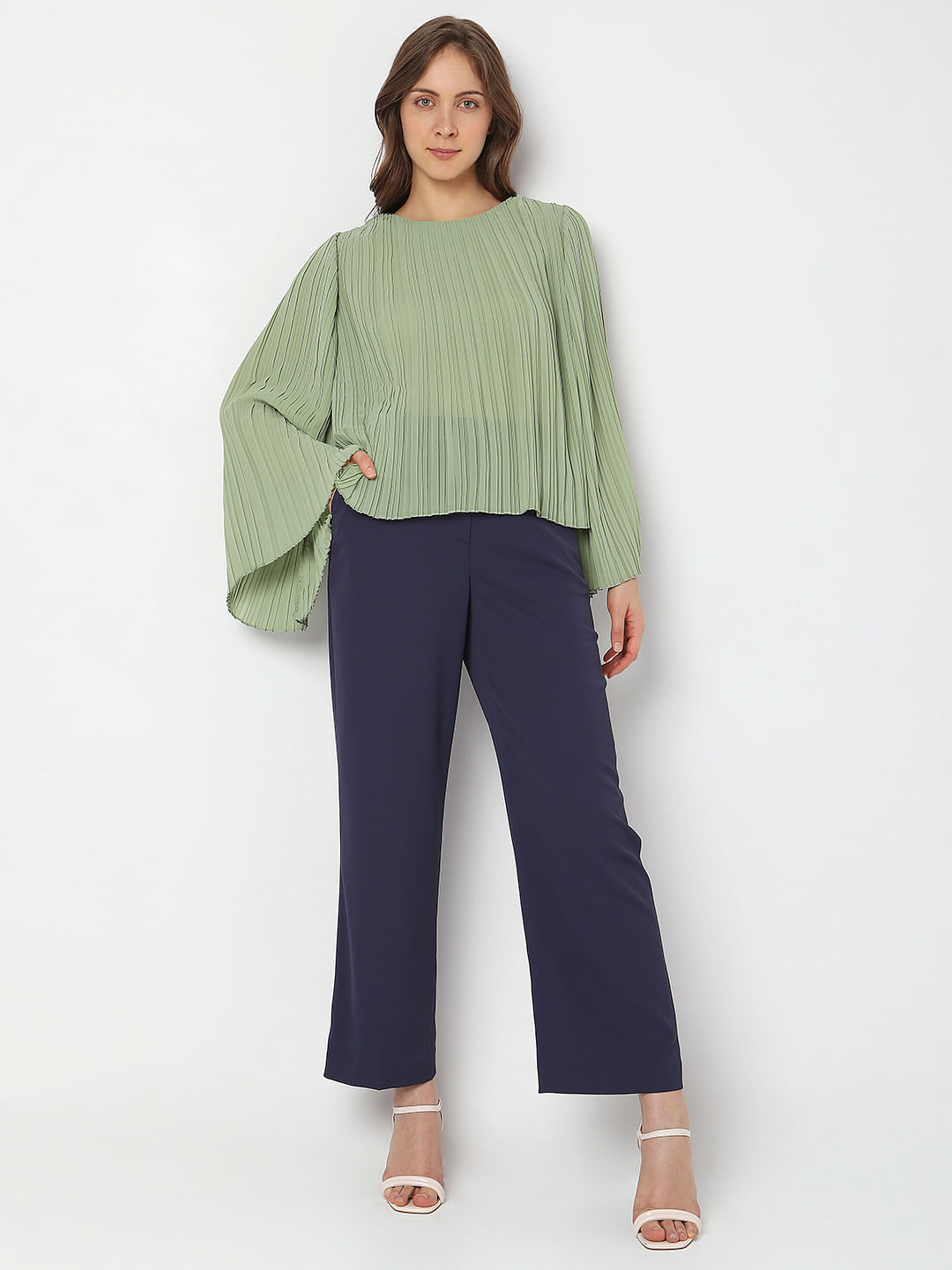 Green Pleated Flared Sleeves Top