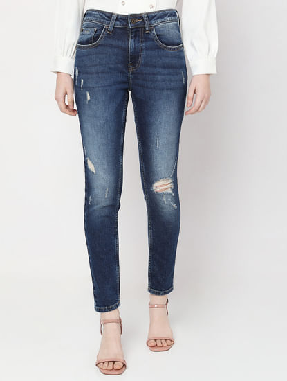 Blue Mid Rise Distressed Push-Up Skinny Jeans