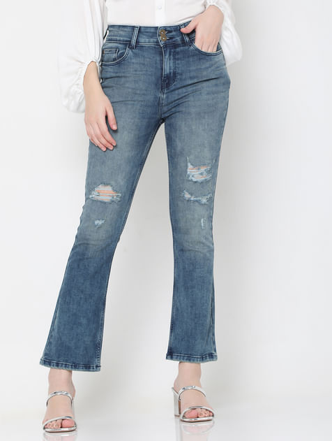 Blue High Rise Distressed Petra Bootcut Jeans