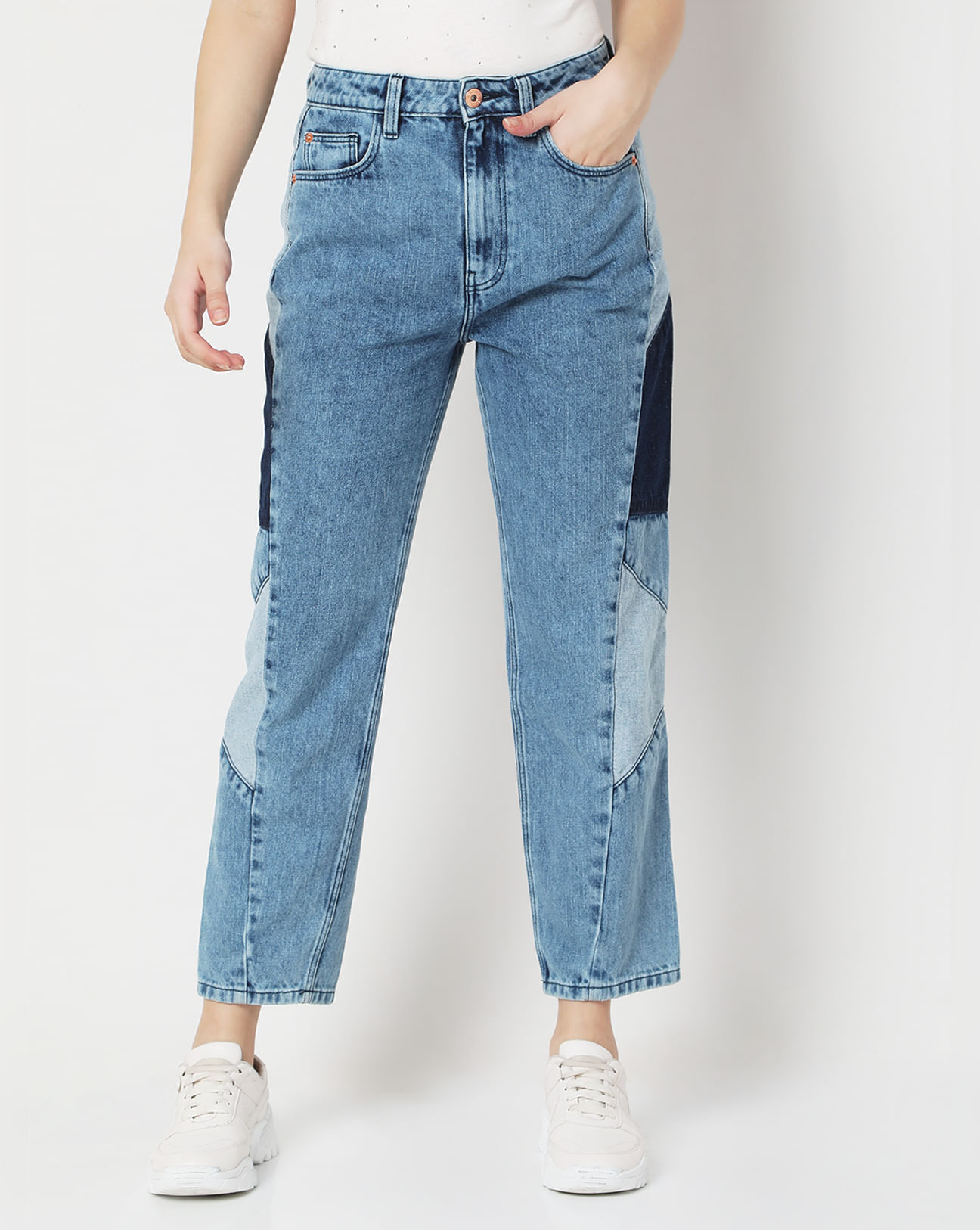 Buy DISTRESSED & CUT-OUT FRONT BLUE MOM JEANS for Women Online in India