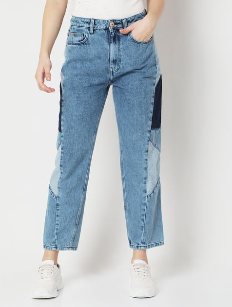 Blue High Rise Cut & Sew Panel Mom Fit Jeans
