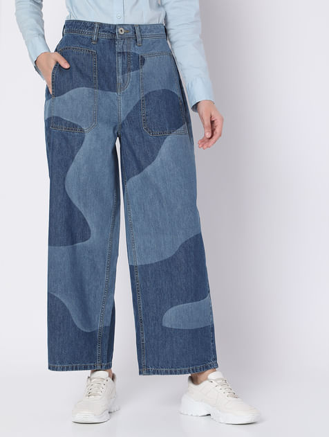 Blue High Rise Printed Wide Leg Jeans