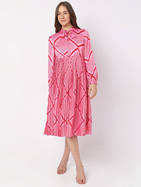 Pink Printed Pleated Midi Dress
