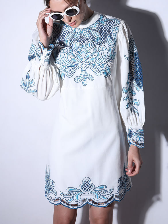 Blue & White Embroidered Shift Dress
