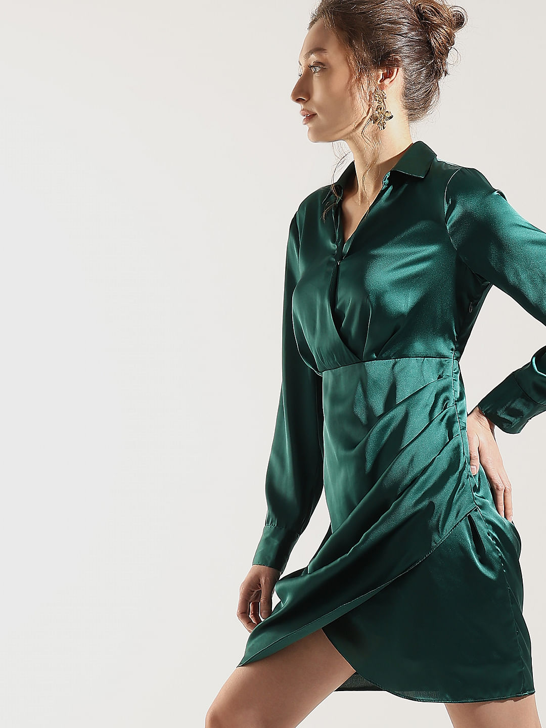 Green satin shirt dress best sale