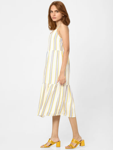 Cream Striped Midi Dress