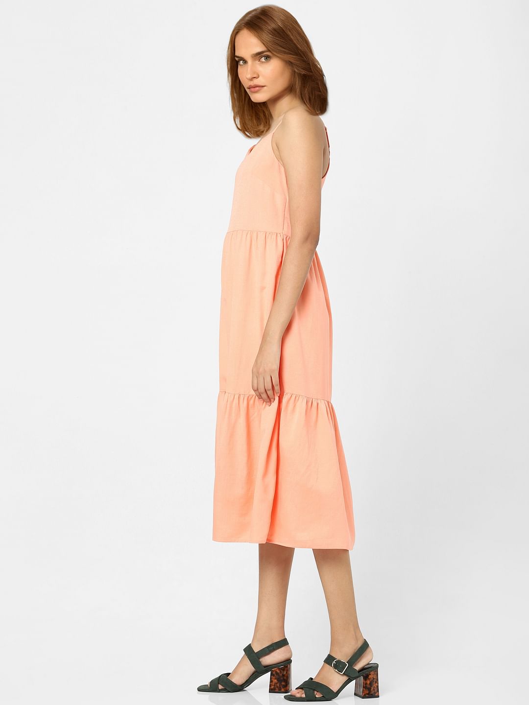 pink midi tiered dress