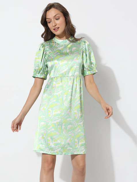 Green Abstract Print Fit & Flare Dress