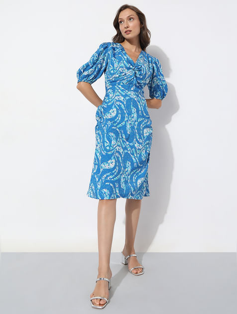 Blue Marble Print Midi Dress