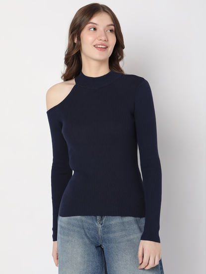 Navy Blue Cut-Shoulder Sweater