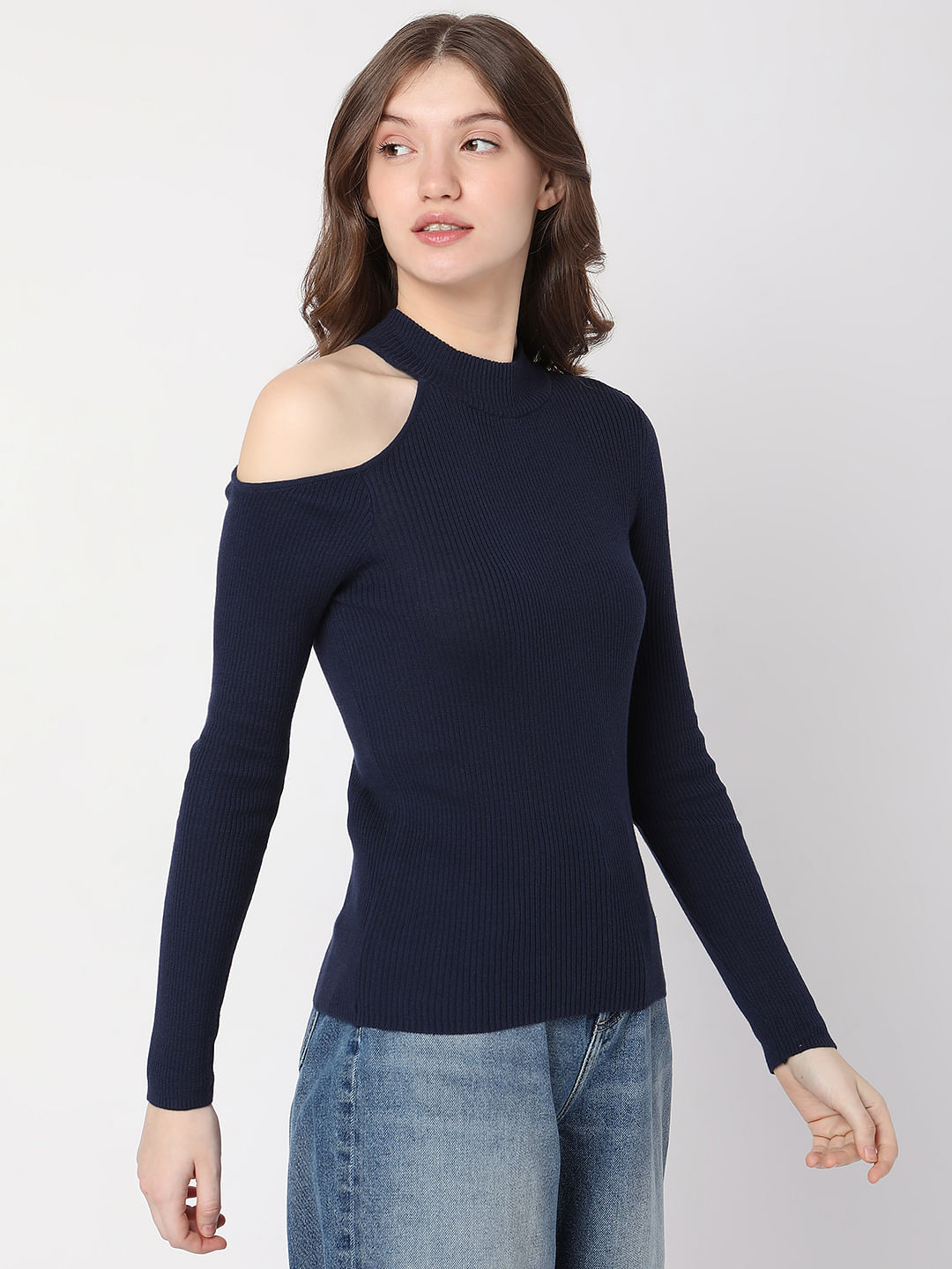 Navy Blue Cut Shoulder Sweater