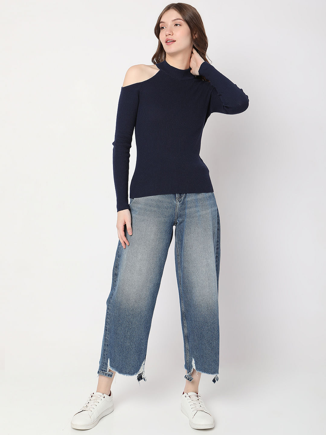 Navy blue off discount the shoulder sweater