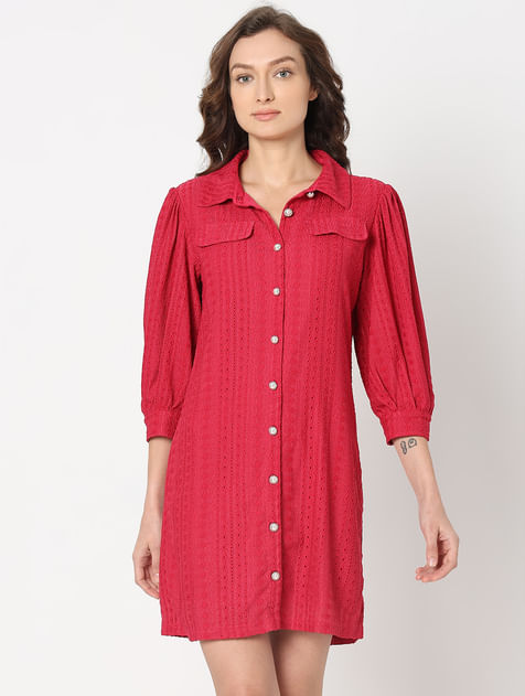Red Schiffli Shirt Dress