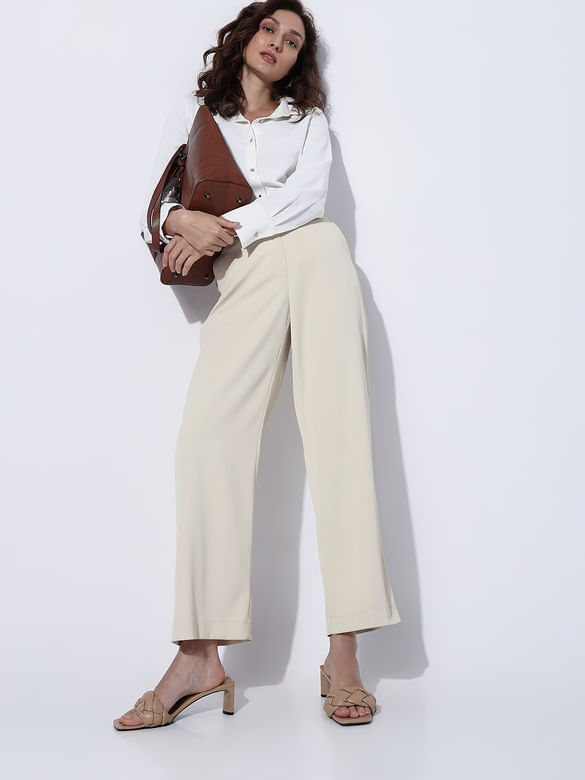 Beige High Rise Straight Fit Pants