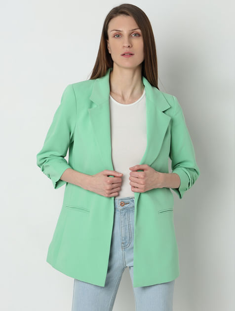 Green Roll-Up Sleeves Tailored Blazer