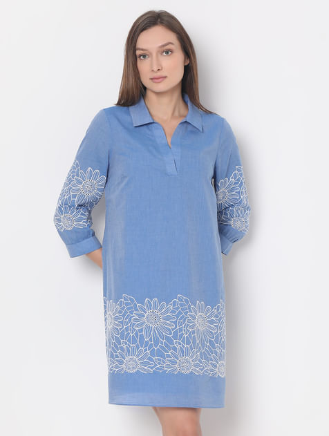 Blue Embroidered Shirt Dress