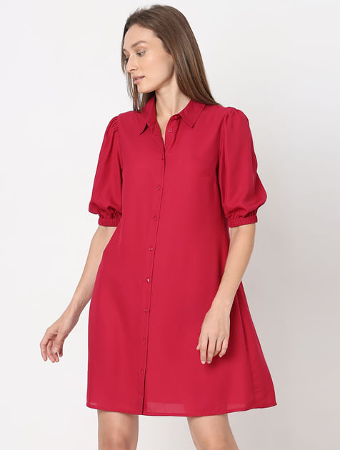 Red Puff Sleeves Shirt Dress