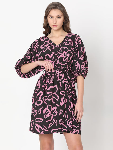 Black Abstract Floral Print Dress