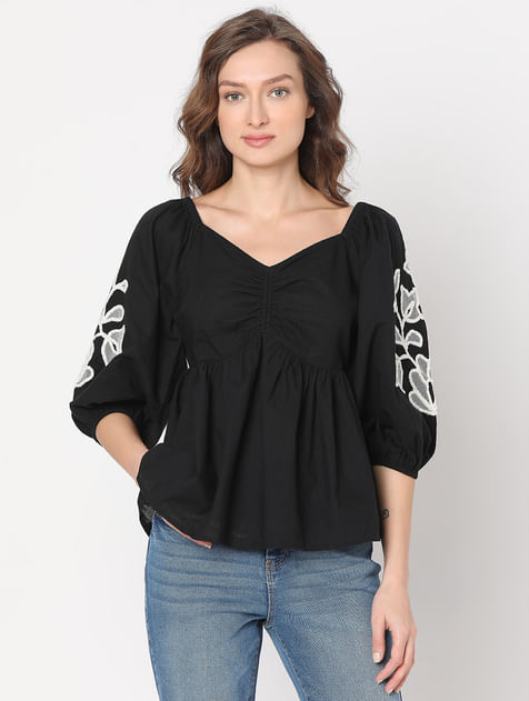 Black Floral Embroidered Top