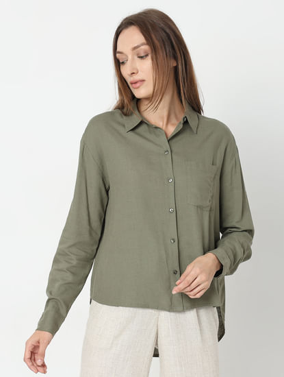 Green Linen Regular Fit Shirt