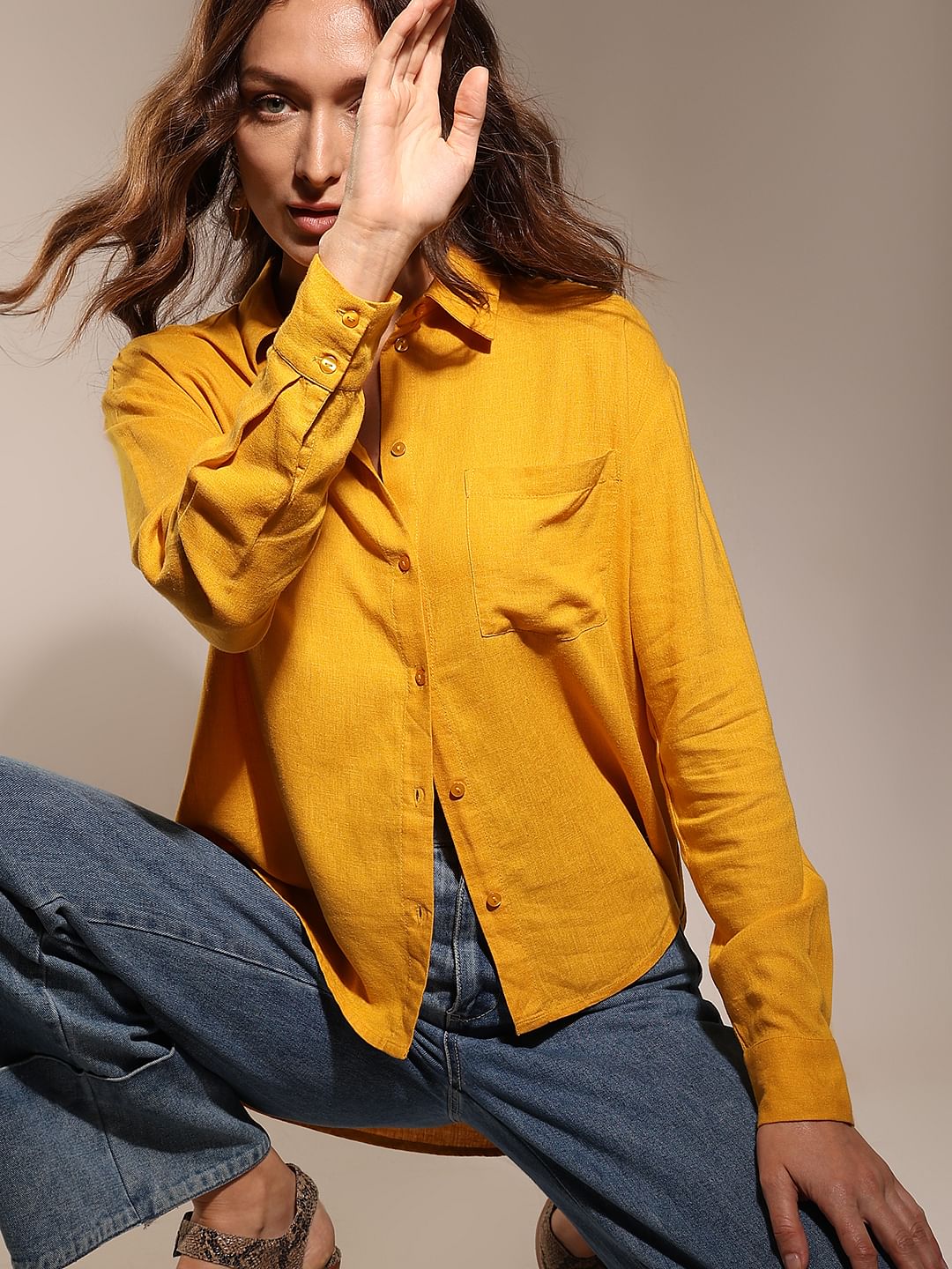 Linen yellow shirt hotsell