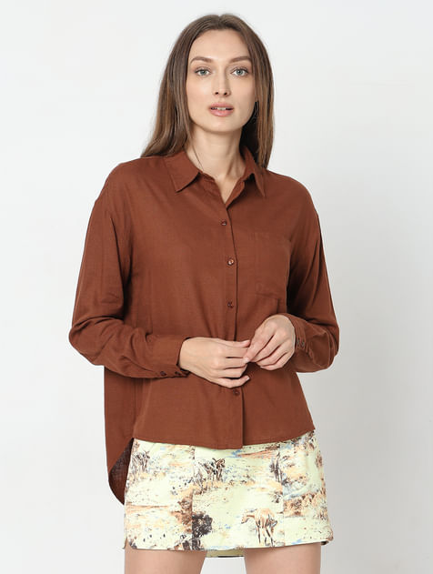 Dark Brown Linen Regular Fit Shirt