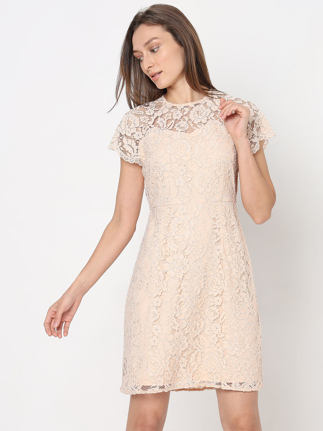 Buy Peach Solid Lace Dress Online - Label Ritu Kumar India Store View