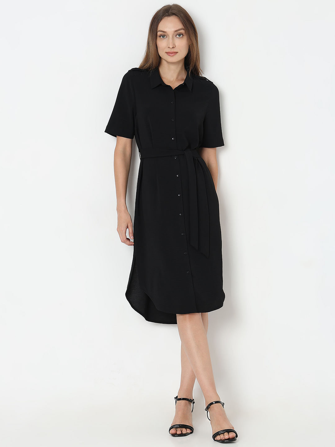 Flounce London satin mini satin shirt dress in black | ASOS