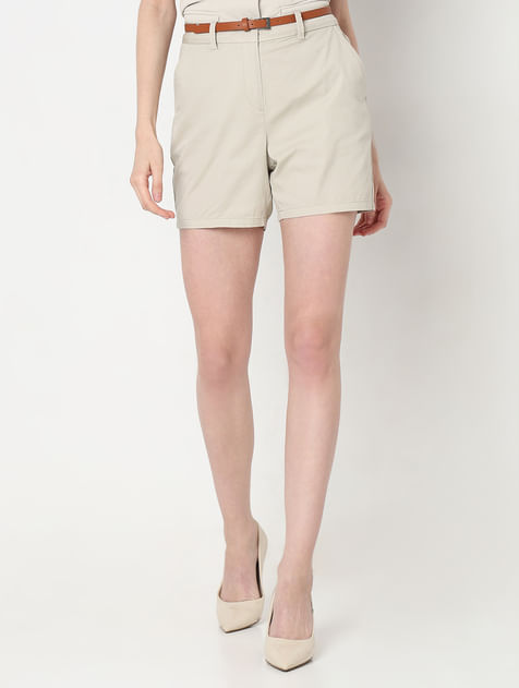 Beige Mid Rise Chino Shorts