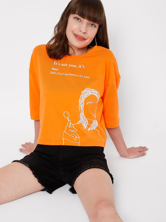 Orange Slogan Print T-shirt