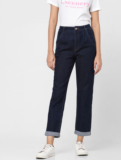 Blue High Rise Pleated Jeans