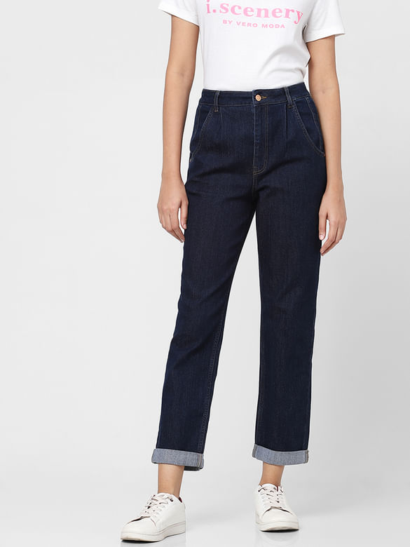 Blue High Rise Pleated Jade Straight Fit Jeans